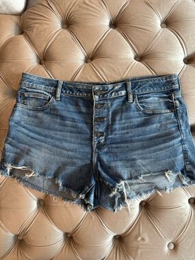 American Eagle Outfitters Distressed Denim Button-Fly Shorts - Blue